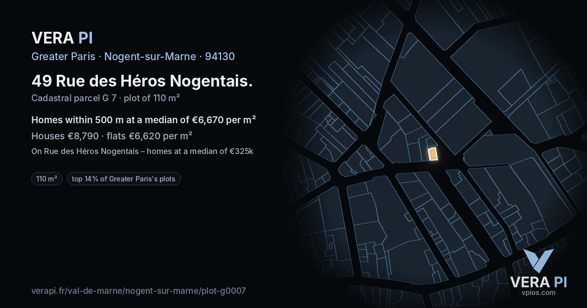 49 Rue des Héros Nogentais, Nogent-sur-Marne at night – the plot lit, the parcels around coloured by the prices near them