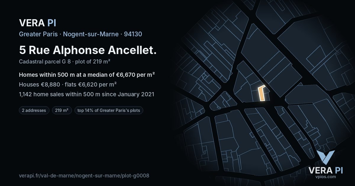 5 Rue Alphonse Ancellet, Nogent-sur-Marne at night – the plot lit, the parcels around coloured by the prices near them