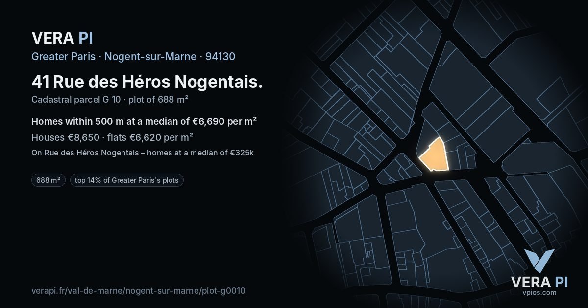 41 Rue des Héros Nogentais, Nogent-sur-Marne at night – the plot lit, the parcels around coloured by the prices near them
