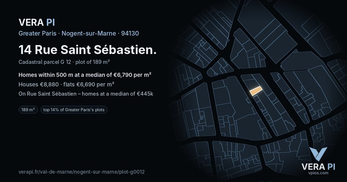 14 Rue Saint Sébastien, Nogent-sur-Marne at night – the plot lit, the parcels around coloured by the prices near them