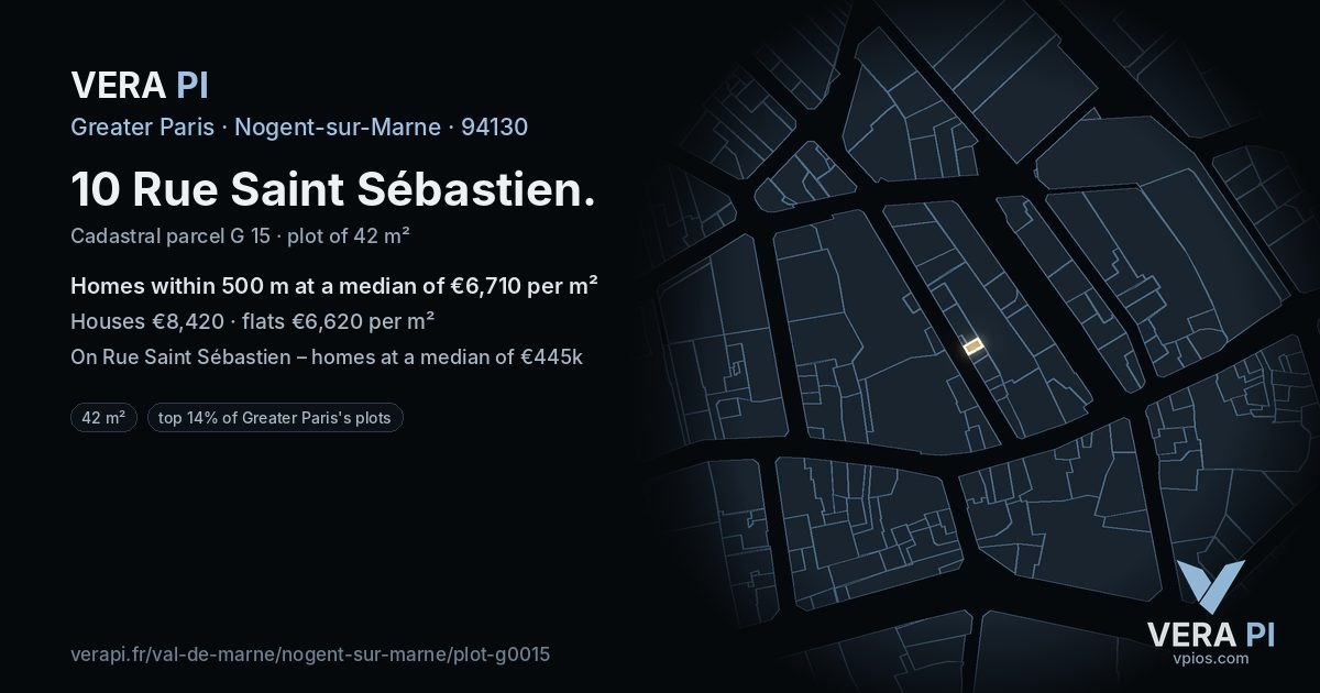 10 Rue Saint Sébastien, Nogent-sur-Marne at night – the plot lit, the parcels around coloured by the prices near them
