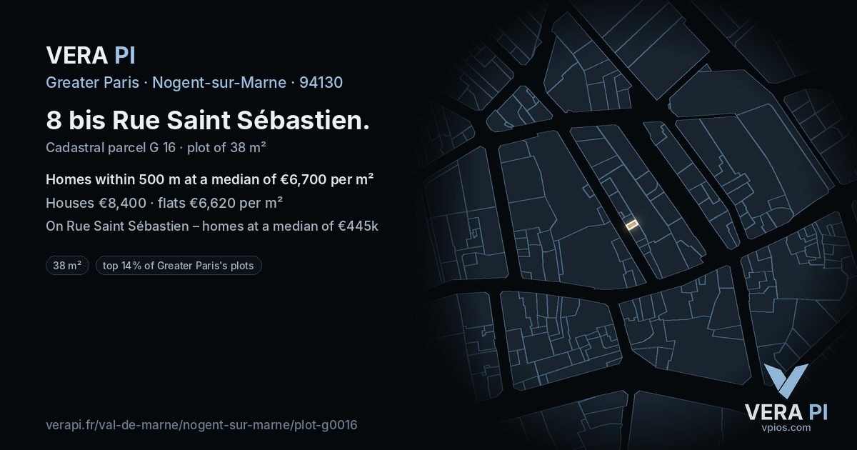 8 bis Rue Saint Sébastien, Nogent-sur-Marne at night – the plot lit, the parcels around coloured by the prices near them