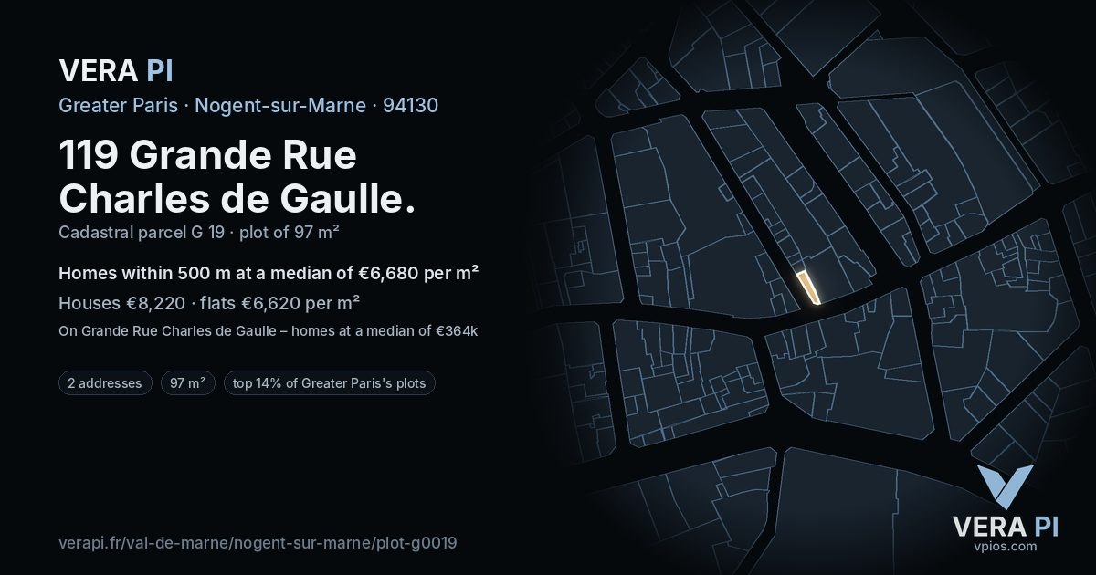 119 Grande Rue Charles de Gaulle, Nogent-sur-Marne at night – the plot lit, the parcels around coloured by the prices near them