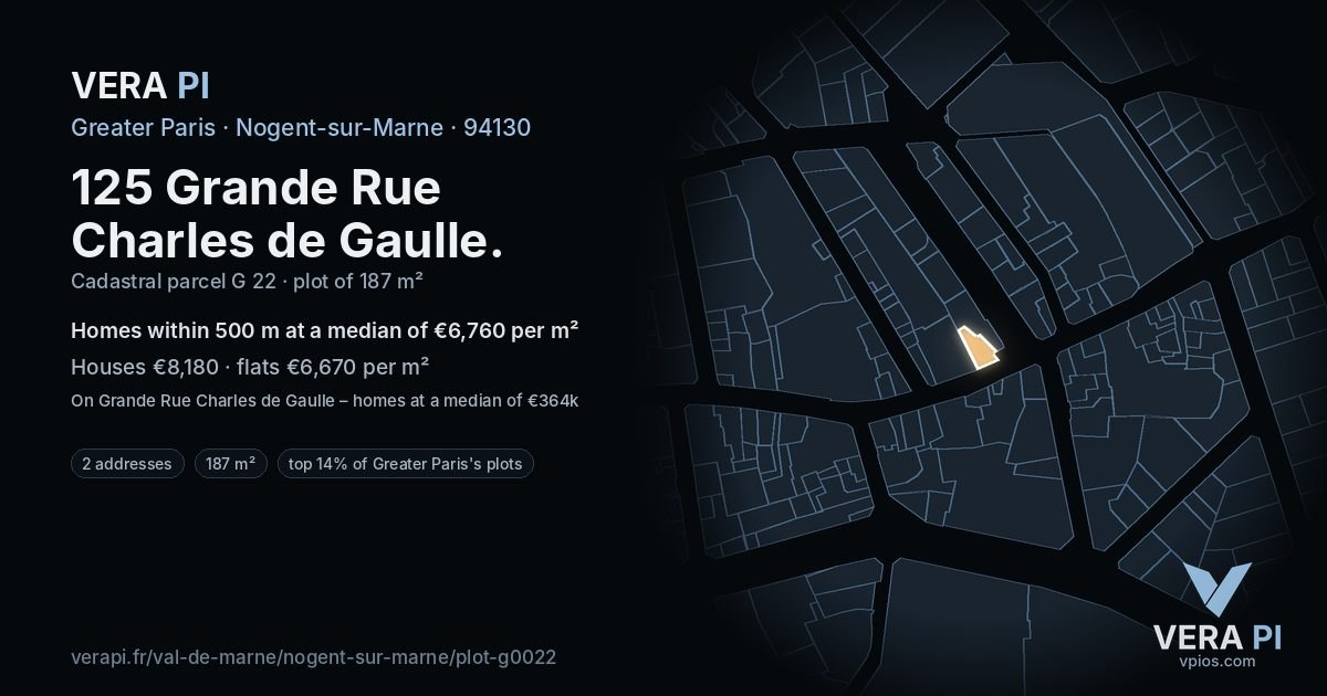 125 Grande Rue Charles de Gaulle, Nogent-sur-Marne at night – the plot lit, the parcels around coloured by the prices near them