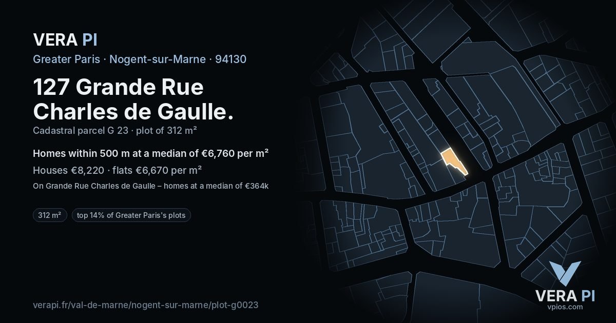 127 Grande Rue Charles de Gaulle, Nogent-sur-Marne at night – the plot lit, the parcels around coloured by the prices near them