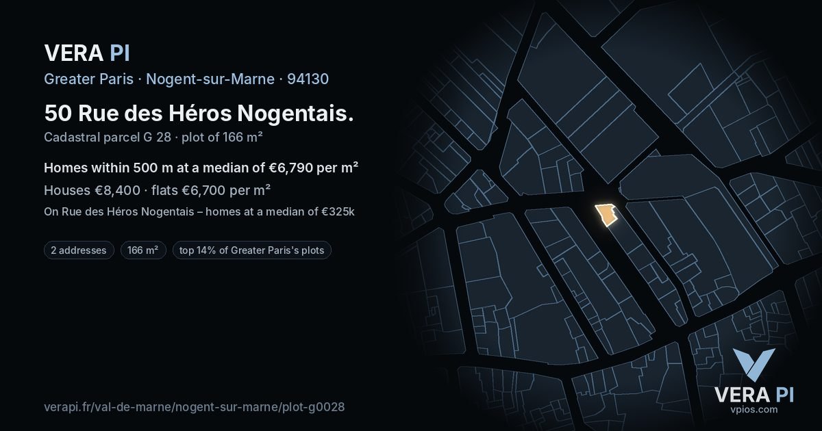 50 Rue des Héros Nogentais, Nogent-sur-Marne at night – the plot lit, the parcels around coloured by the prices near them