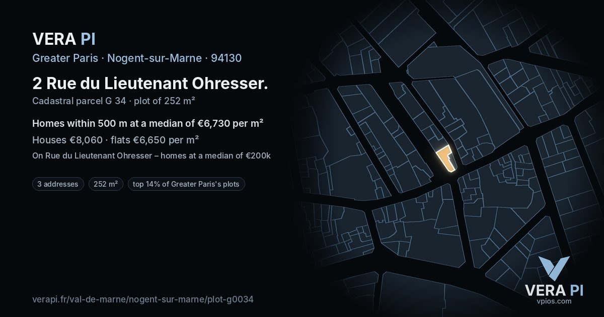 2 Rue du Lieutenant Ohresser, Nogent-sur-Marne at night – the plot lit, the parcels around coloured by the prices near them