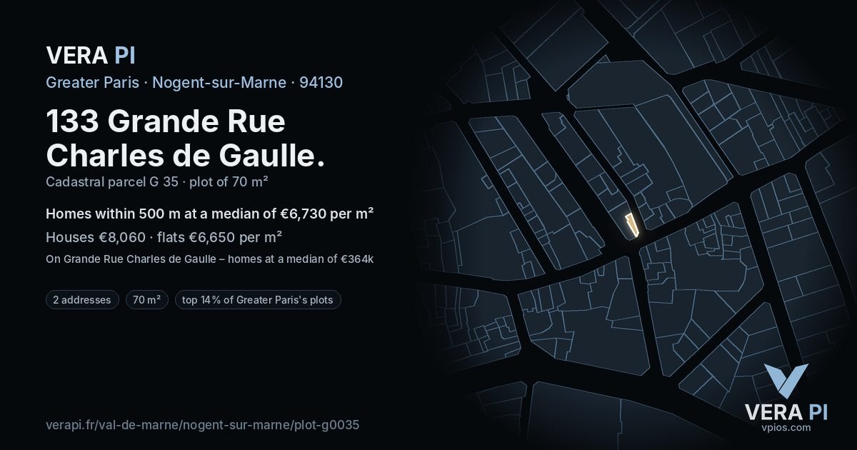 133 Grande Rue Charles de Gaulle, Nogent-sur-Marne at night – the plot lit, the parcels around coloured by the prices near them