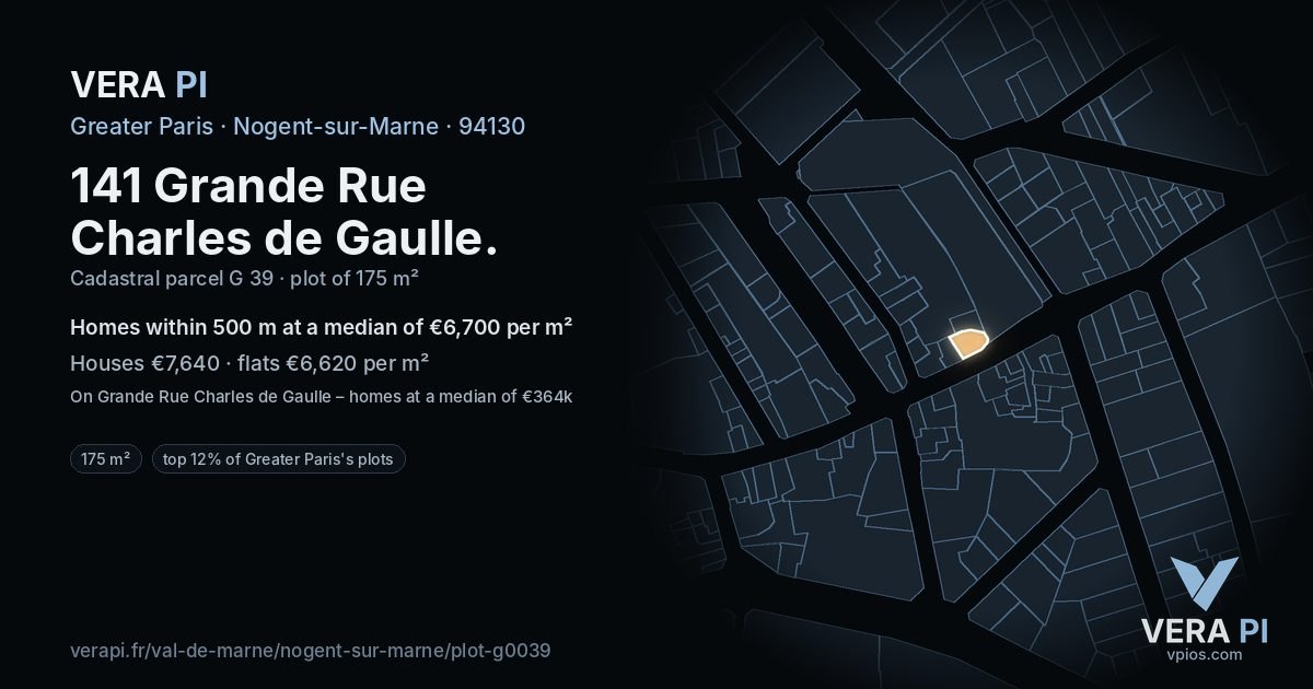 141 Grande Rue Charles de Gaulle, Nogent-sur-Marne at night – the plot lit, the parcels around coloured by the prices near them