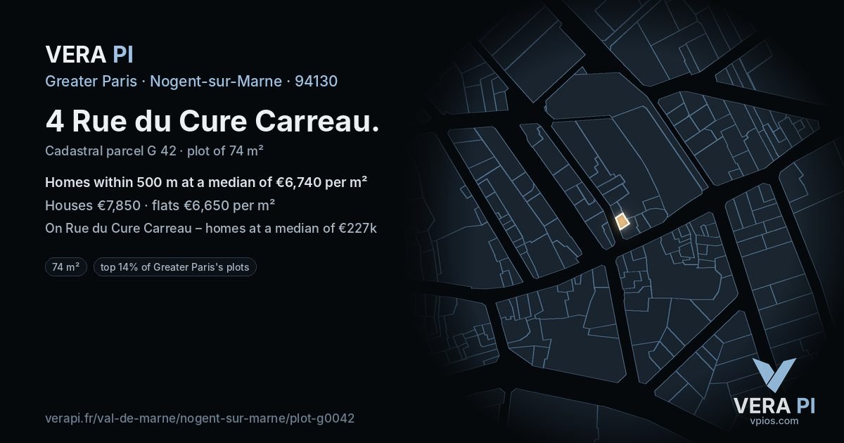 4 Rue du Cure Carreau, Nogent-sur-Marne at night – the plot lit, the parcels around coloured by the prices near them