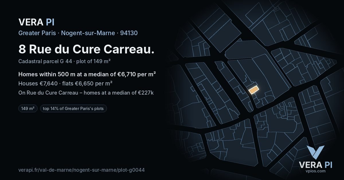 8 Rue du Cure Carreau, Nogent-sur-Marne at night – the plot lit, the parcels around coloured by the prices near them