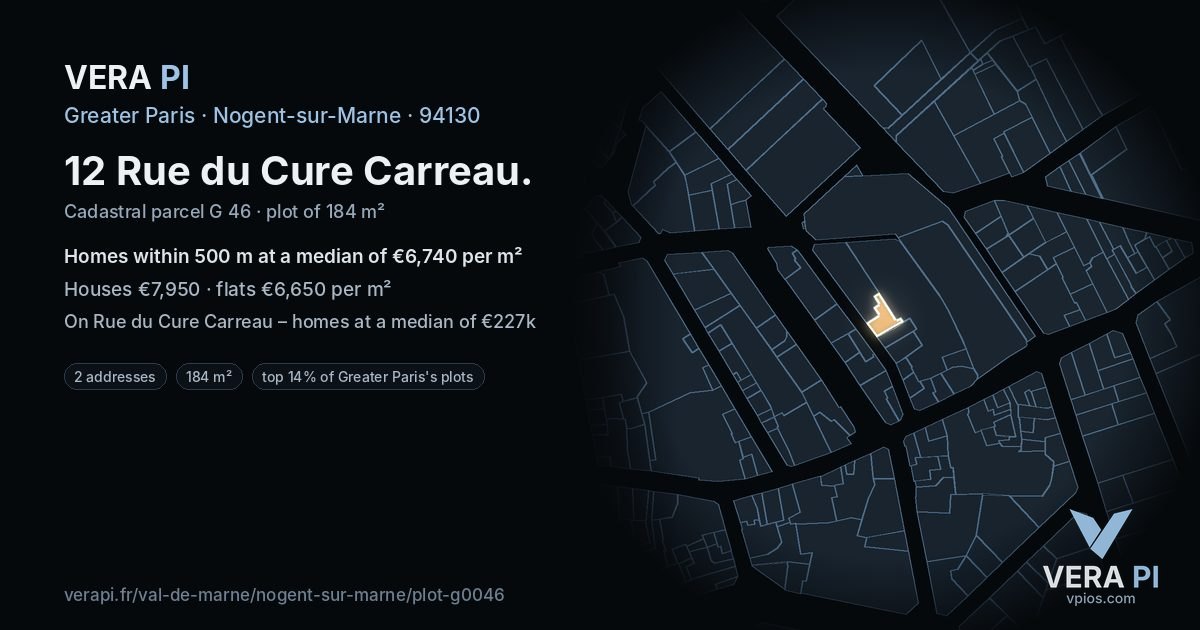 12 Rue du Cure Carreau, Nogent-sur-Marne at night – the plot lit, the parcels around coloured by the prices near them