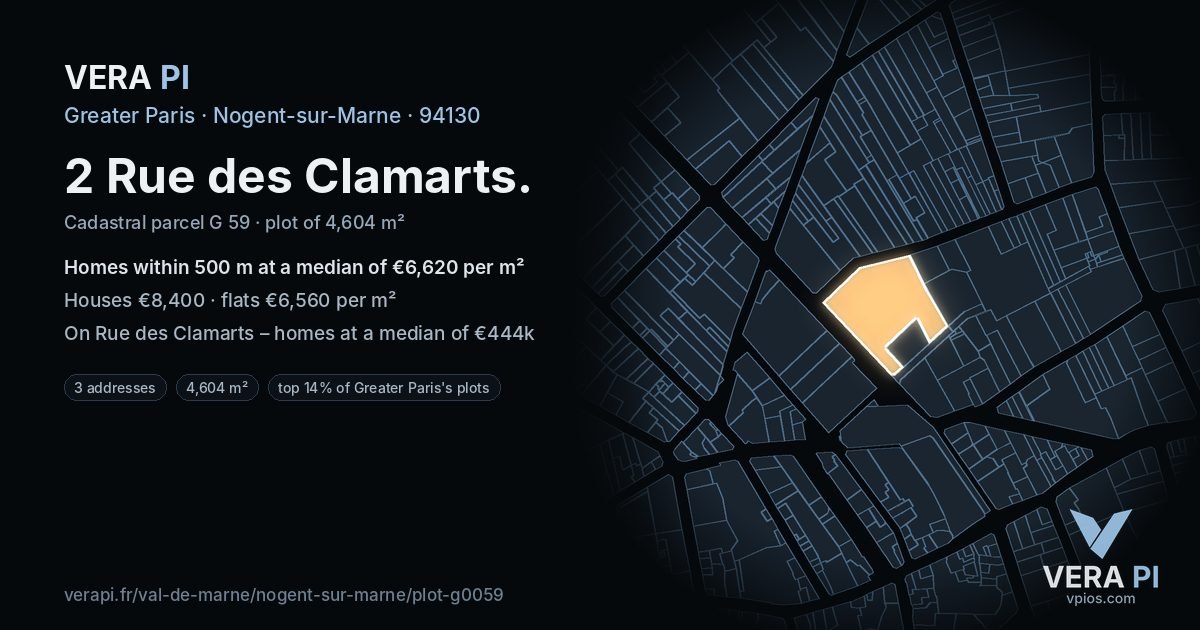 2 Rue des Clamarts, Nogent-sur-Marne at night – the plot lit, the parcels around coloured by the prices near them