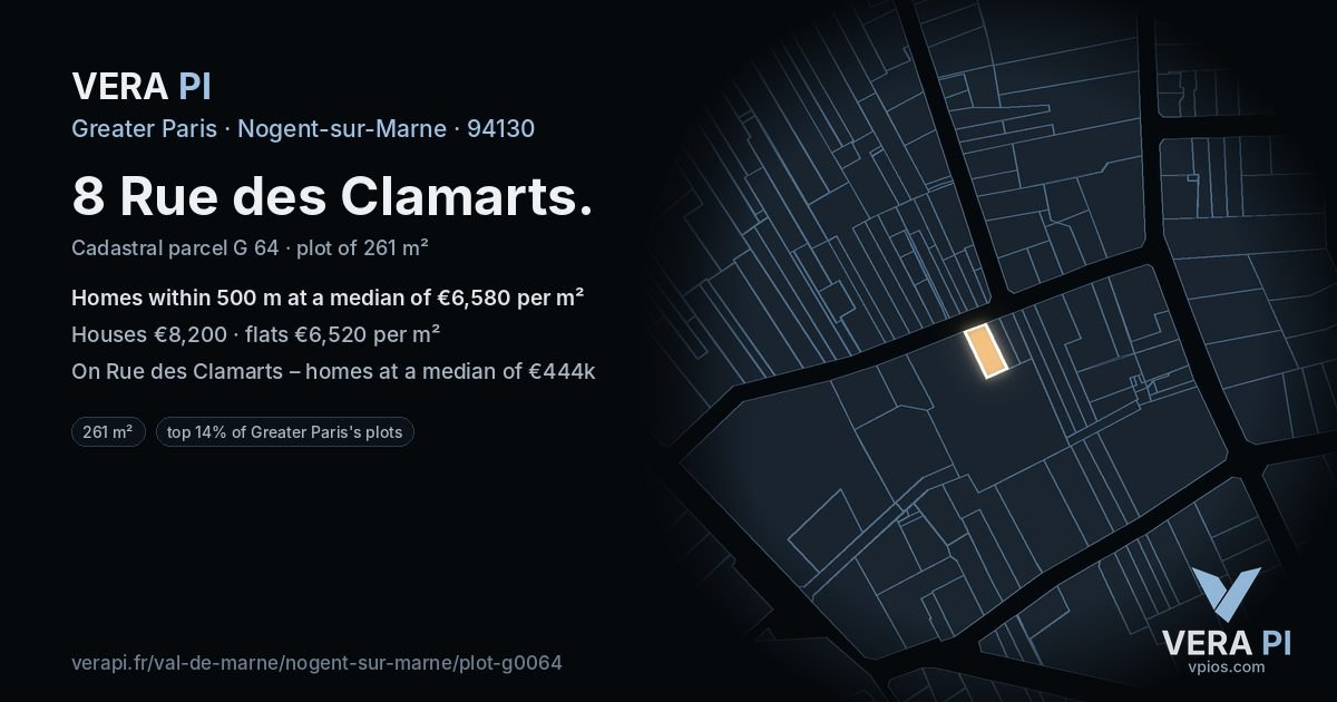 8 Rue des Clamarts, Nogent-sur-Marne at night – the plot lit, the parcels around coloured by the prices near them