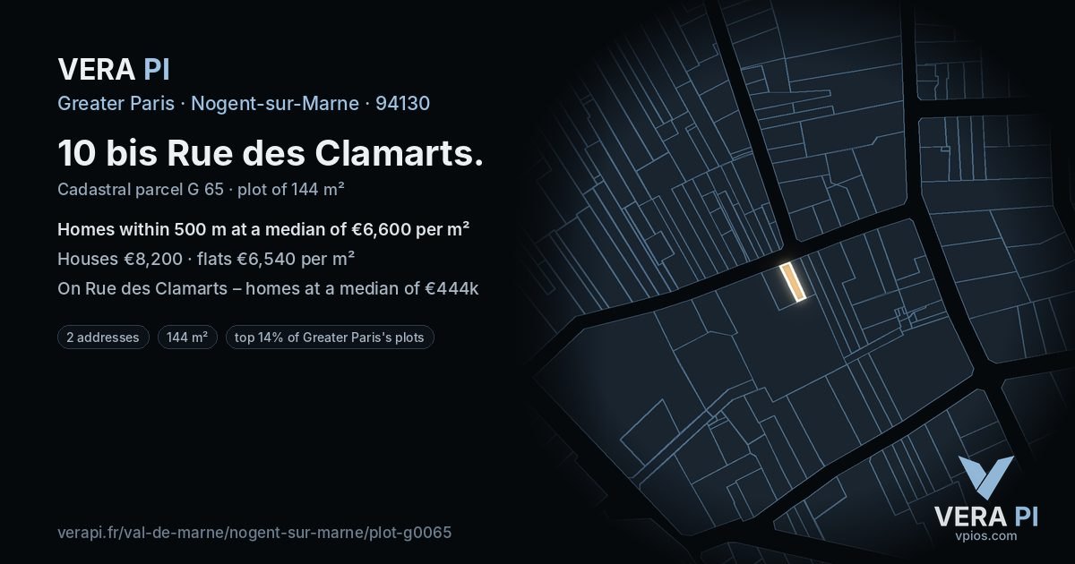 10 bis Rue des Clamarts, Nogent-sur-Marne at night – the plot lit, the parcels around coloured by the prices near them