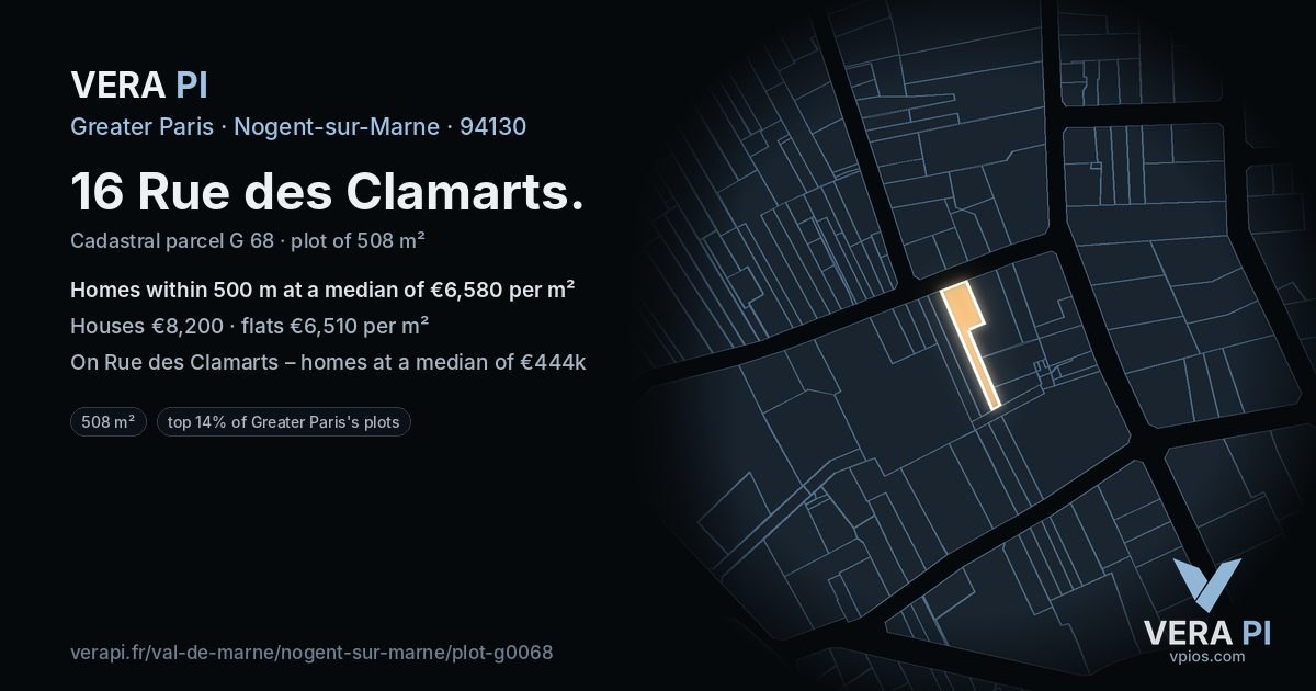 16 Rue des Clamarts, Nogent-sur-Marne at night – the plot lit, the parcels around coloured by the prices near them