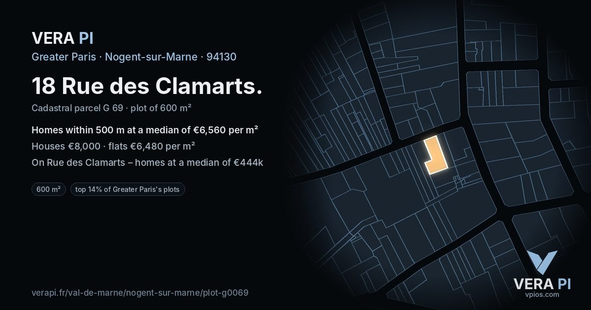 18 Rue des Clamarts, Nogent-sur-Marne at night – the plot lit, the parcels around coloured by the prices near them