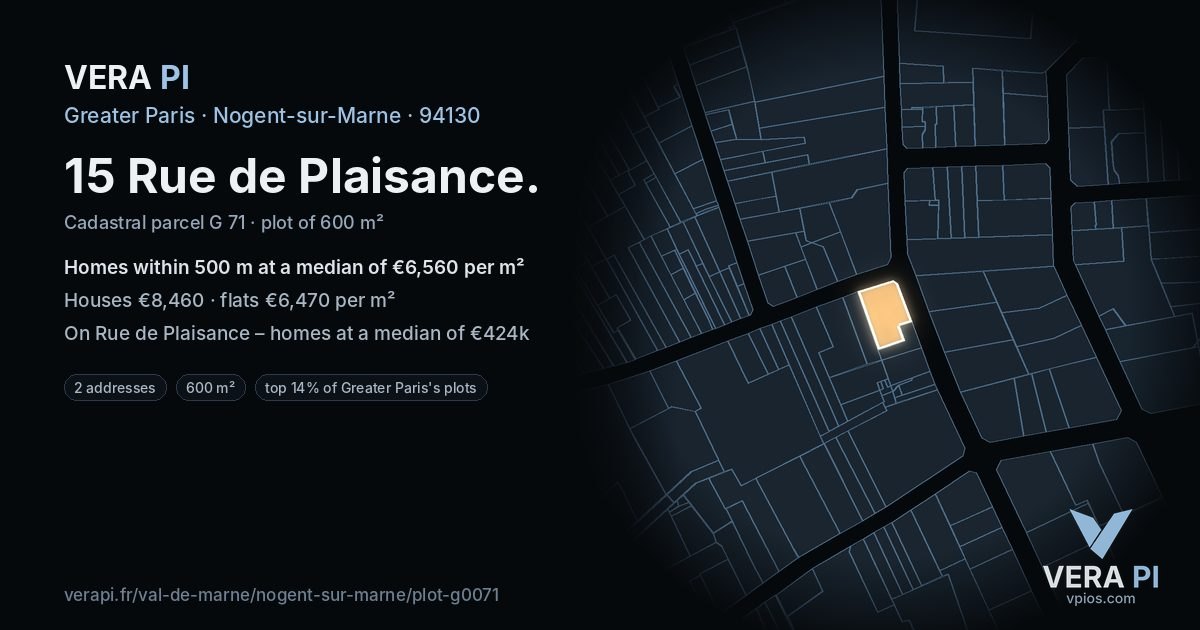 15 Rue de Plaisance, Nogent-sur-Marne at night – the plot lit, the parcels around coloured by the prices near them