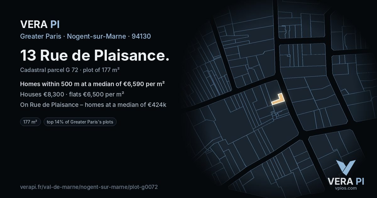 13 Rue de Plaisance, Nogent-sur-Marne at night – the plot lit, the parcels around coloured by the prices near them