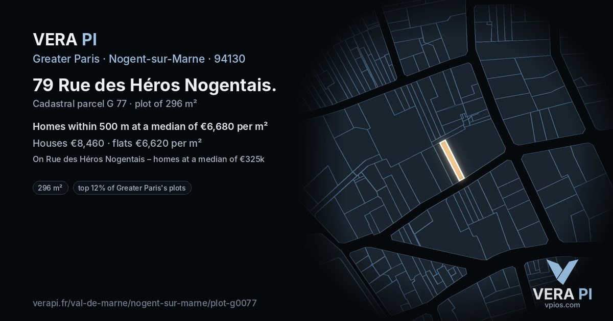 79 Rue des Héros Nogentais, Nogent-sur-Marne at night – the plot lit, the parcels around coloured by the prices near them