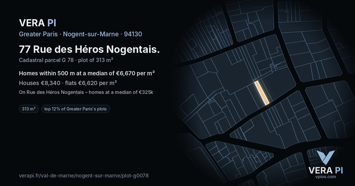 77 Rue des Héros Nogentais, Nogent-sur-Marne at night – the plot lit, the parcels around coloured by the prices near them