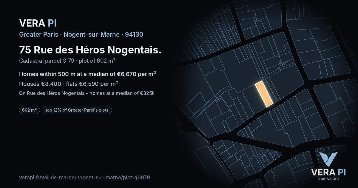 75 Rue des Héros Nogentais, Nogent-sur-Marne at night – the plot lit, the parcels around coloured by the prices near them