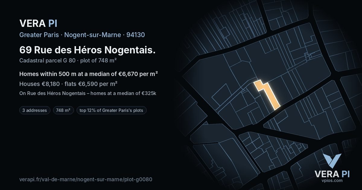 69 Rue des Héros Nogentais, Nogent-sur-Marne at night – the plot lit, the parcels around coloured by the prices near them