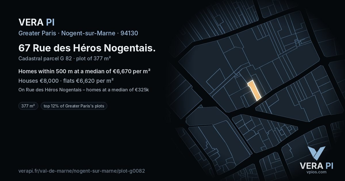 67 Rue des Héros Nogentais, Nogent-sur-Marne at night – the plot lit, the parcels around coloured by the prices near them