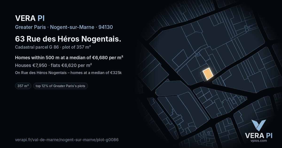 63 Rue des Héros Nogentais, Nogent-sur-Marne at night – the plot lit, the parcels around coloured by the prices near them