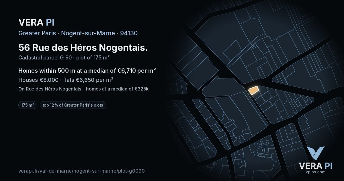 56 Rue des Héros Nogentais, Nogent-sur-Marne at night – the plot lit, the parcels around coloured by the prices near them