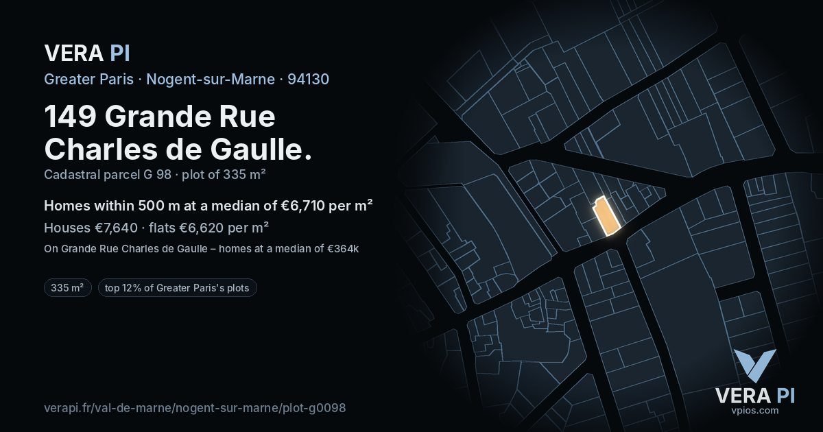 149 Grande Rue Charles de Gaulle, Nogent-sur-Marne at night – the plot lit, the parcels around coloured by the prices near them