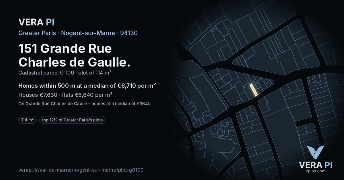 151 Grande Rue Charles de Gaulle, Nogent-sur-Marne at night – the plot lit, the parcels around coloured by the prices near them