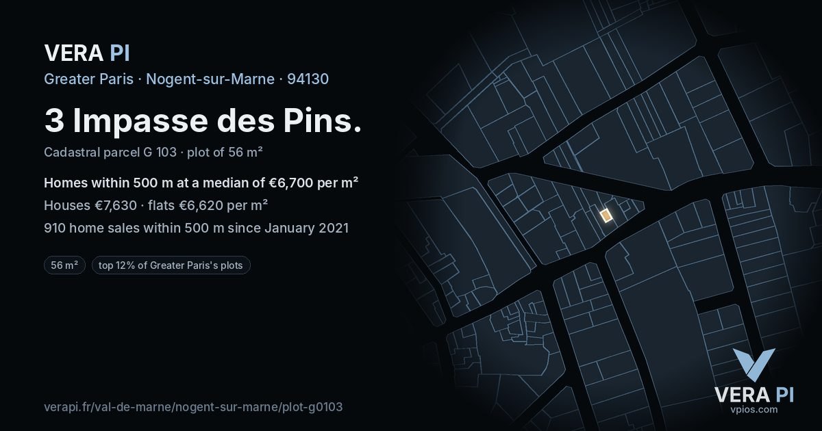 3 Impasse des Pins, Nogent-sur-Marne at night – the plot lit, the parcels around coloured by the prices near them