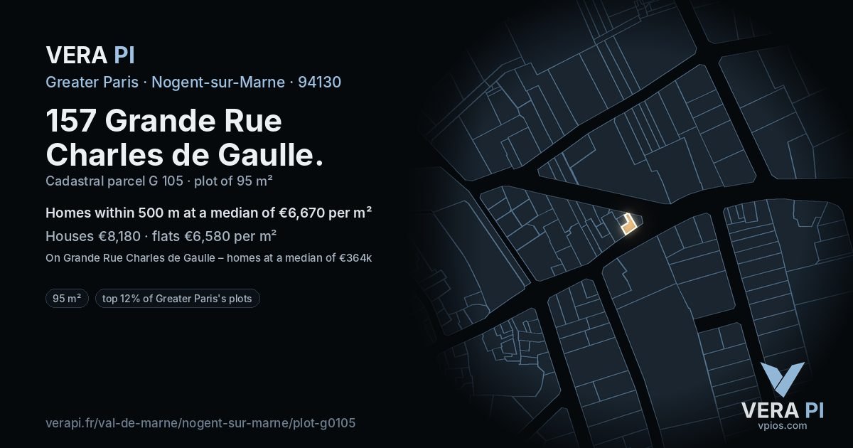 157 Grande Rue Charles de Gaulle, Nogent-sur-Marne at night – the plot lit, the parcels around coloured by the prices near them