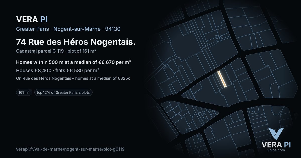 74 Rue des Héros Nogentais, Nogent-sur-Marne at night – the plot lit, the parcels around coloured by the prices near them