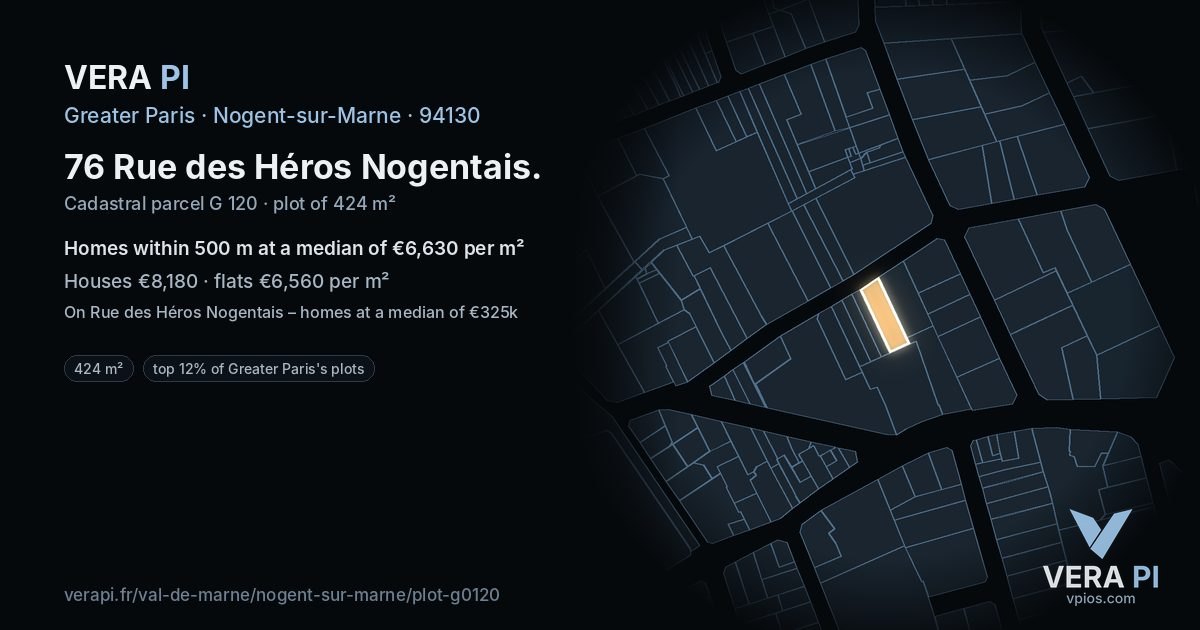 76 Rue des Héros Nogentais, Nogent-sur-Marne at night – the plot lit, the parcels around coloured by the prices near them