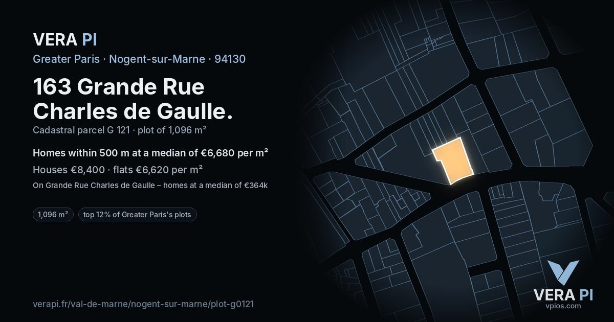 163 Grande Rue Charles de Gaulle, Nogent-sur-Marne at night – the plot lit, the parcels around coloured by the prices near them
