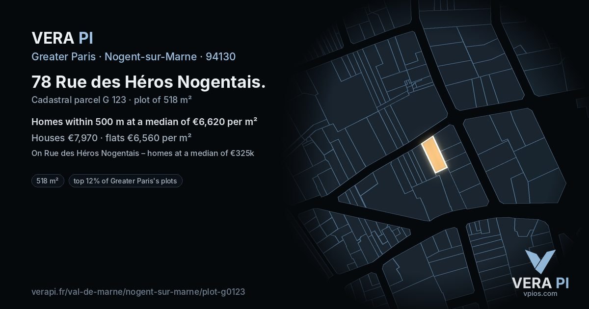 78 Rue des Héros Nogentais, Nogent-sur-Marne at night – the plot lit, the parcels around coloured by the prices near them