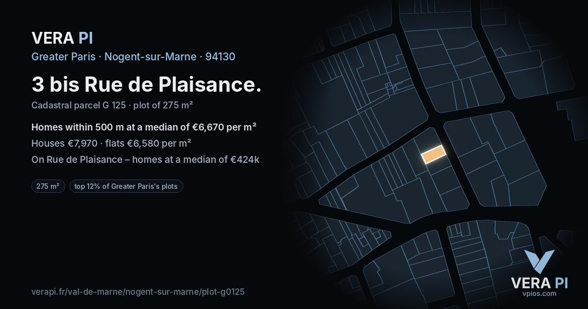 3 bis Rue de Plaisance, Nogent-sur-Marne at night – the plot lit, the parcels around coloured by the prices near them