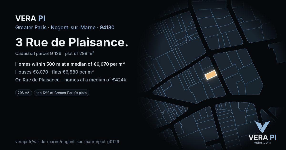 3 Rue de Plaisance, Nogent-sur-Marne at night – the plot lit, the parcels around coloured by the prices near them