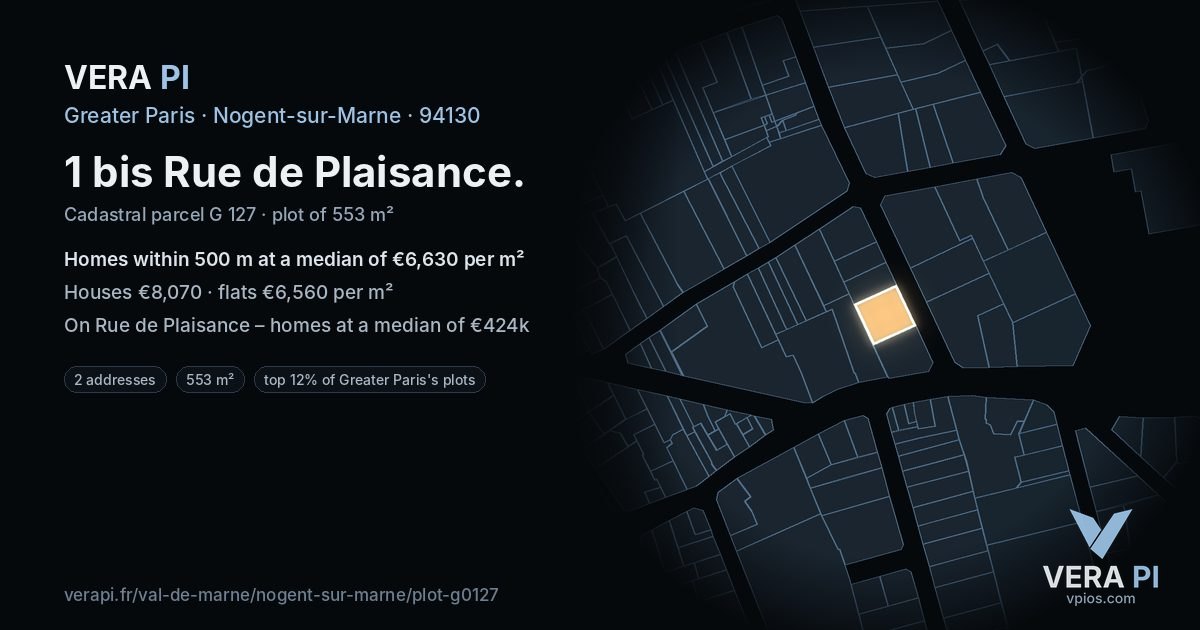 1 bis Rue de Plaisance, Nogent-sur-Marne at night – the plot lit, the parcels around coloured by the prices near them