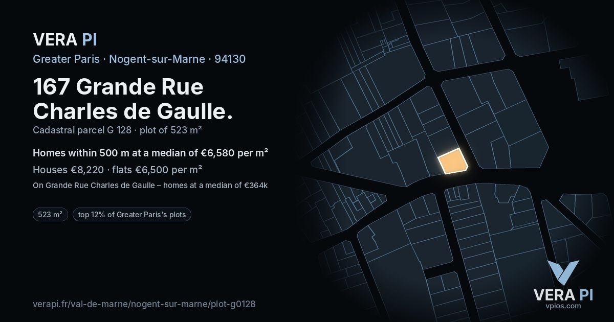 167 Grande Rue Charles de Gaulle, Nogent-sur-Marne at night – the plot lit, the parcels around coloured by the prices near them