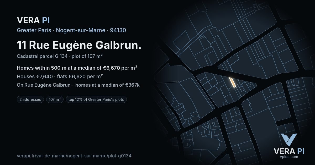 11 Rue Eugène Galbrun, Nogent-sur-Marne at night – the plot lit, the parcels around coloured by the prices near them