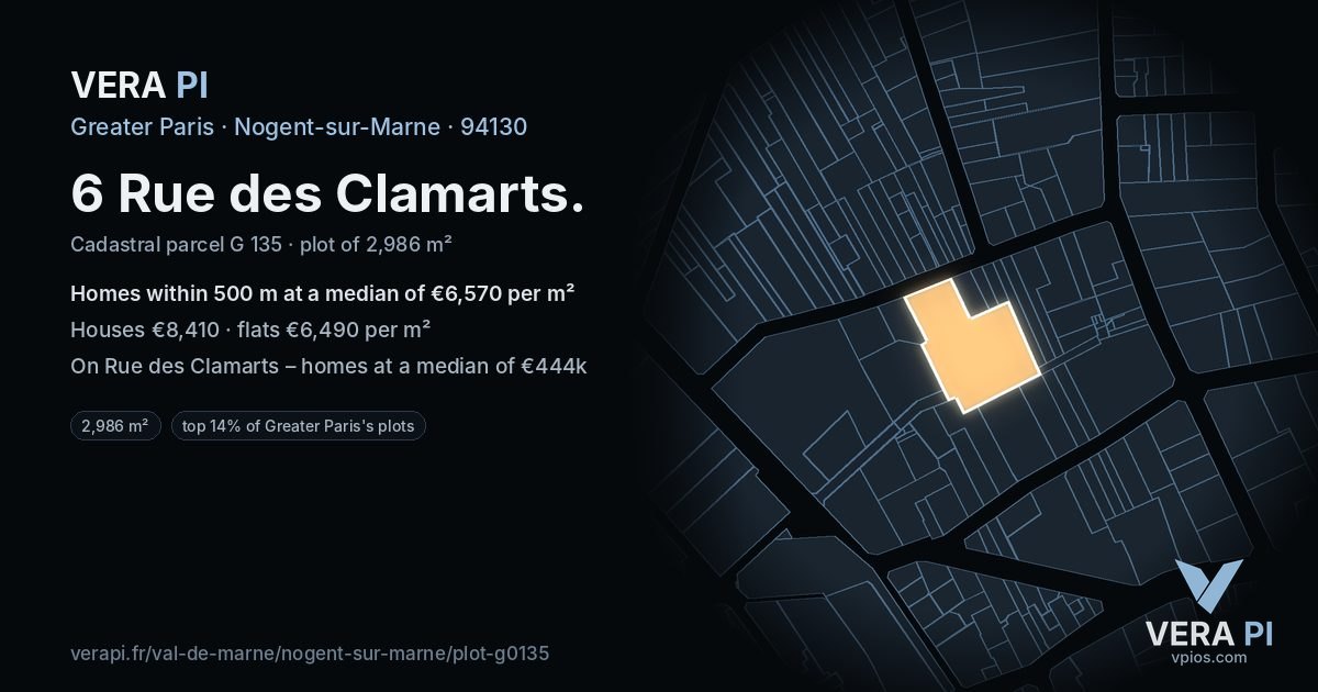 6 Rue des Clamarts, Nogent-sur-Marne at night – the plot lit, the parcels around coloured by the prices near them