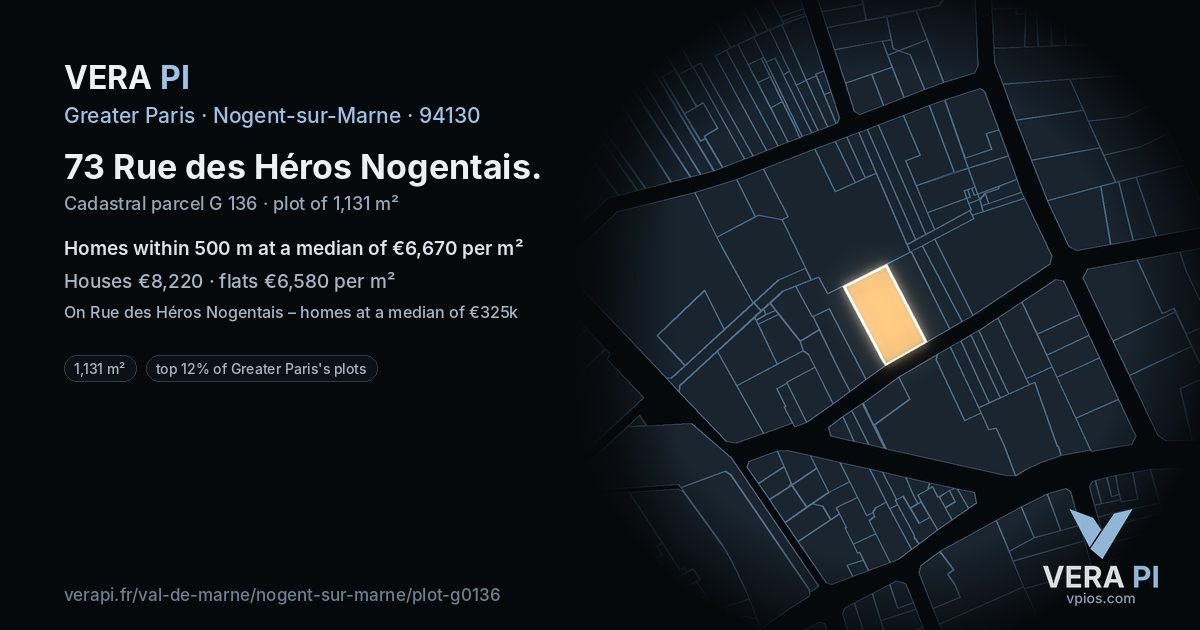 73 Rue des Héros Nogentais, Nogent-sur-Marne at night – the plot lit, the parcels around coloured by the prices near them