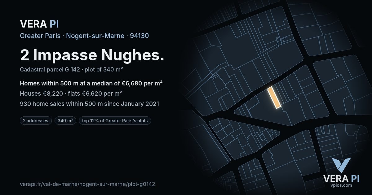 2 Impasse Nughes, Nogent-sur-Marne at night – the plot lit, the parcels around coloured by the prices near them