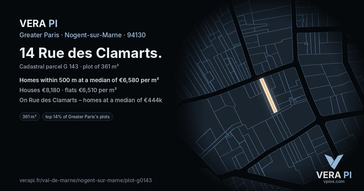 14 Rue des Clamarts, Nogent-sur-Marne at night – the plot lit, the parcels around coloured by the prices near them