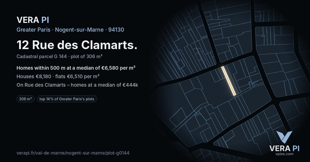 12 Rue des Clamarts, Nogent-sur-Marne at night – the plot lit, the parcels around coloured by the prices near them