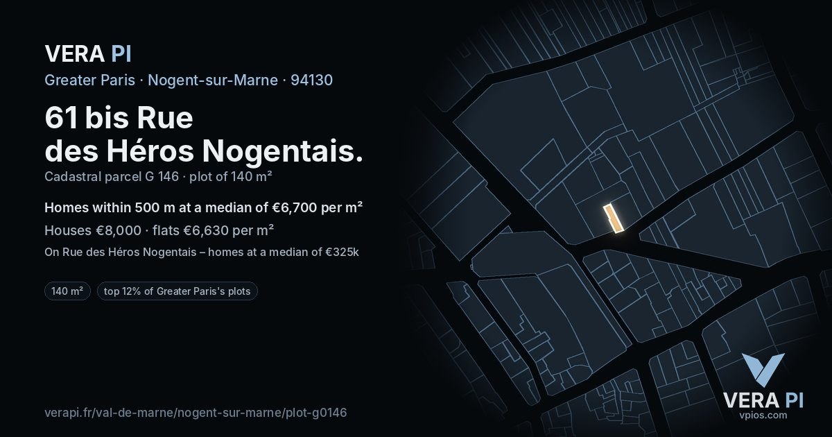 61 bis Rue des Héros Nogentais, Nogent-sur-Marne at night – the plot lit, the parcels around coloured by the prices near them