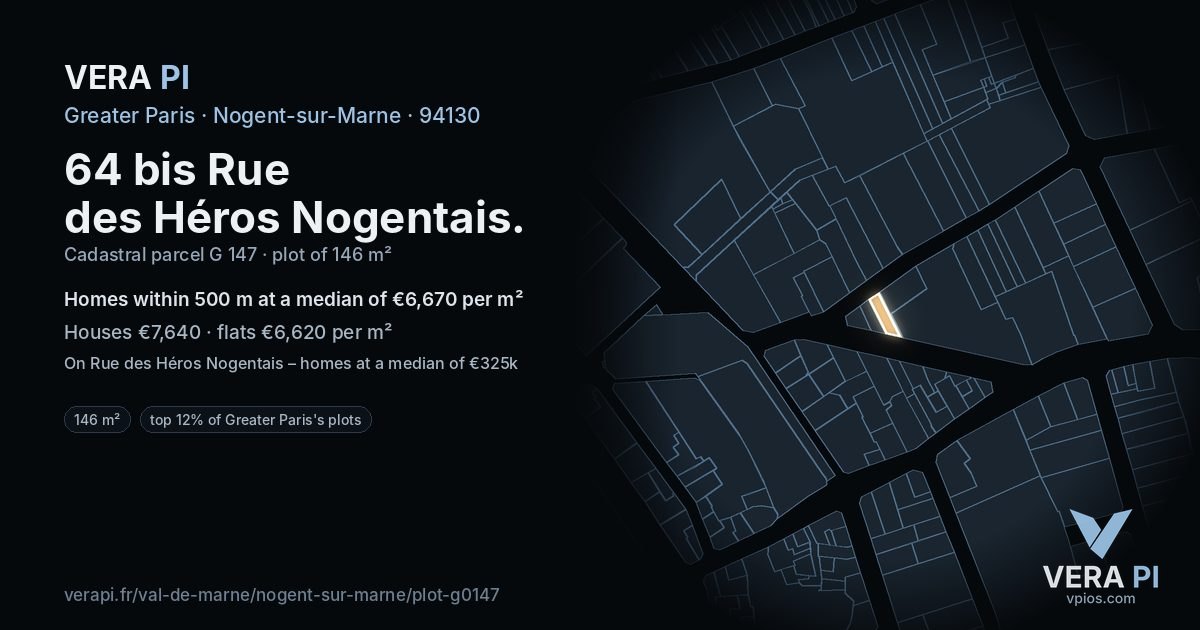 64 bis Rue des Héros Nogentais, Nogent-sur-Marne at night – the plot lit, the parcels around coloured by the prices near them